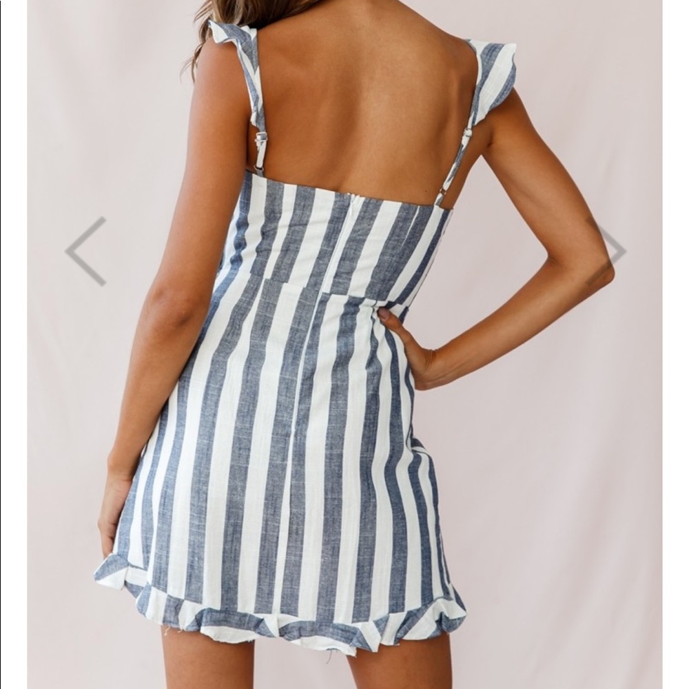 Saints + Secrets Stripes Denim Sweetheart Faux Wrap Dress Blue White Ruffle Mini - Picture 2 of 15